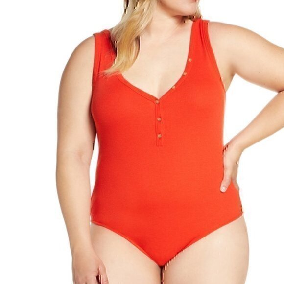 NEW BP NORDSTROM Plus Size Henley Tank Bodysuit Red Ribbed Sleeveless Cotton 1X - Picture 3 of 10